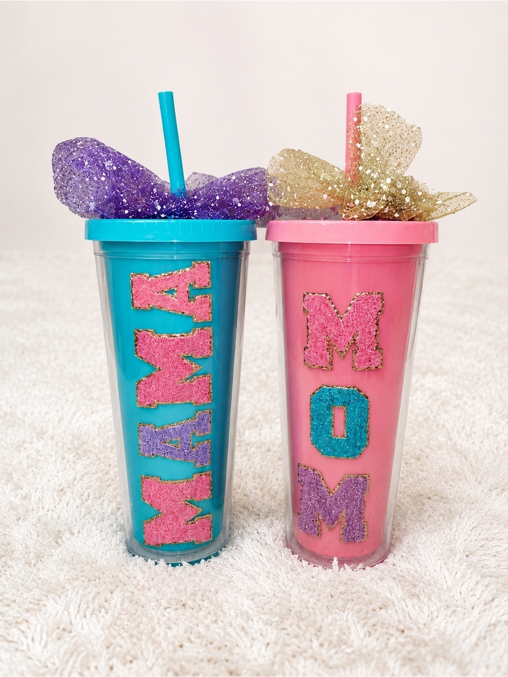Personalized Glitter ‘MAMA’ & ‘MOM’ Tumbler Set - Teal & Pink